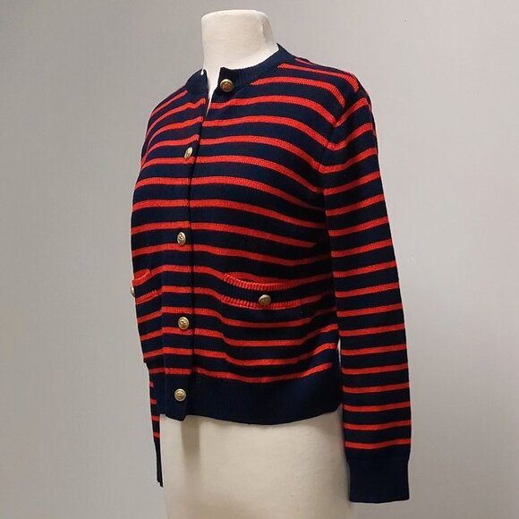 ZARA, Red & Navy Striped, Cable Knit, Gold Button, L/S, Cardigan, Size: S - Picture 1 of 8